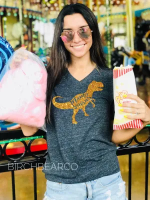 Unisex Tri-Blend V-Neck T-Shirt Mamasaurus Shirt GOLD GLITTER - Mama Saurus Shirt - Mamasaurus T Shirt - Dinosuar Birthday Shirt
