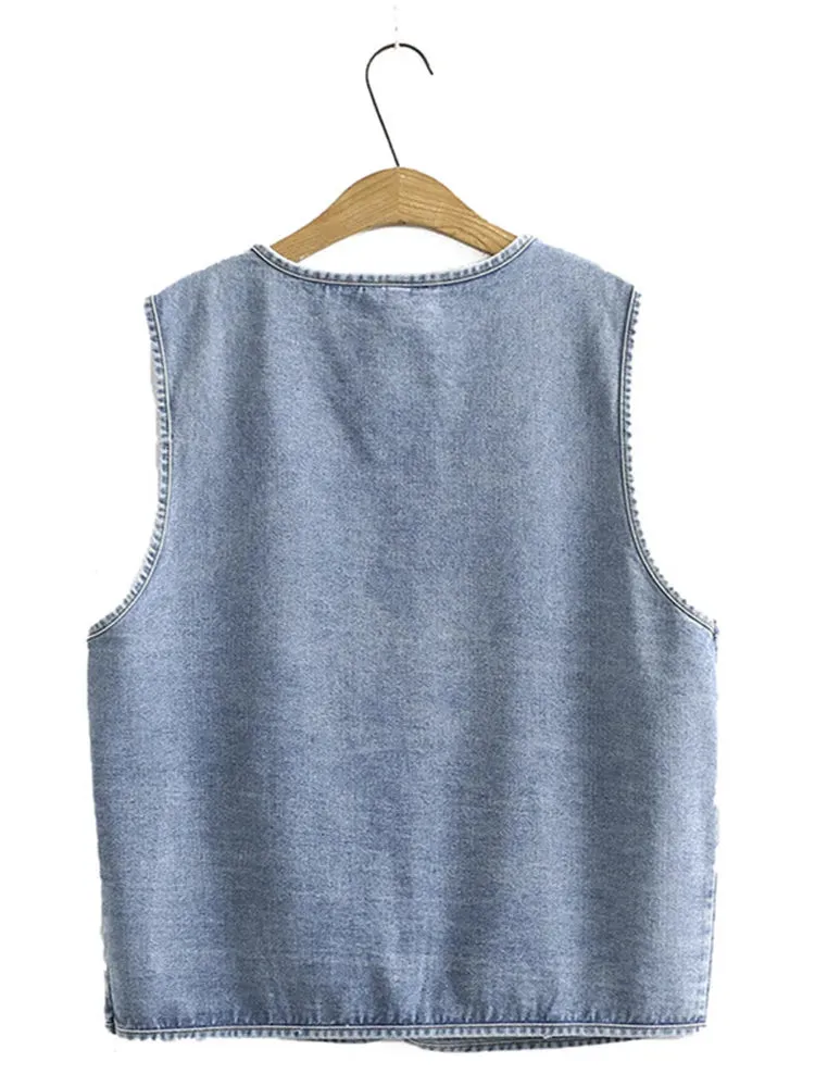 Uniwim Plus Size Women's Clothing Vests Spring And Autumn Sandwashed Softened Denim Fabrics Sleeveless Jacket And Pockets On Both Sides