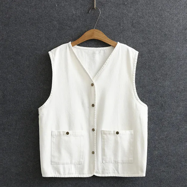 Uniwim Plus Size Women's Clothing Vests Spring And Autumn Sandwashed Softened Denim Fabrics Sleeveless Jacket And Pockets On Both Sides