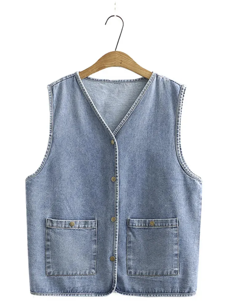 Uniwim Plus Size Women's Clothing Vests Spring And Autumn Sandwashed Softened Denim Fabrics Sleeveless Jacket And Pockets On Both Sides