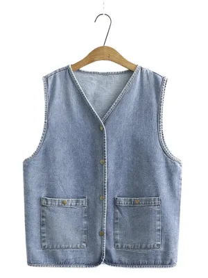 Uniwim Plus Size Women's Clothing Vests Spring And Autumn Sandwashed Softened Denim Fabrics Sleeveless Jacket And Pockets On Both Sides