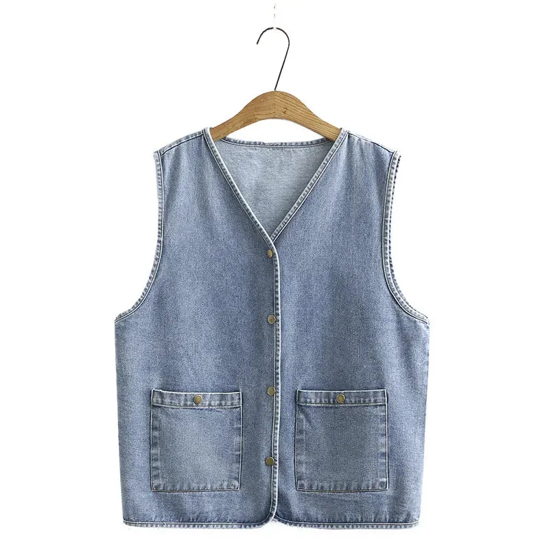 Uniwim Plus Size Women's Clothing Vests Spring And Autumn Sandwashed Softened Denim Fabrics Sleeveless Jacket And Pockets On Both Sides