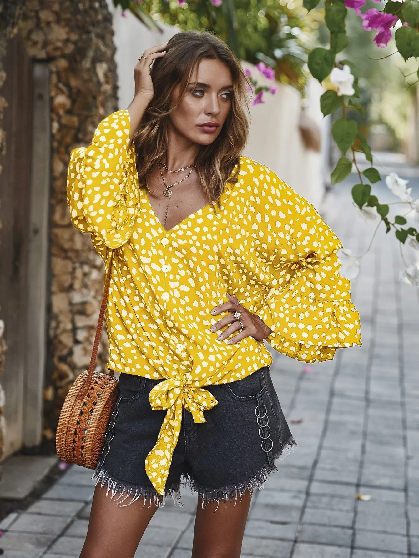 V-neck Printed Floral Tops Lotus Sleeve Polka Dot T-shirt