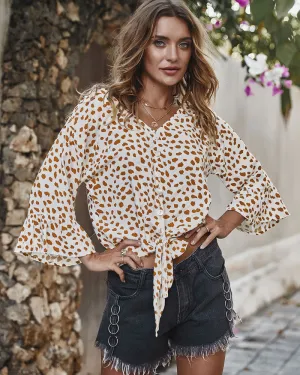 V-neck Printed Floral Tops Lotus Sleeve Polka Dot T-shirt