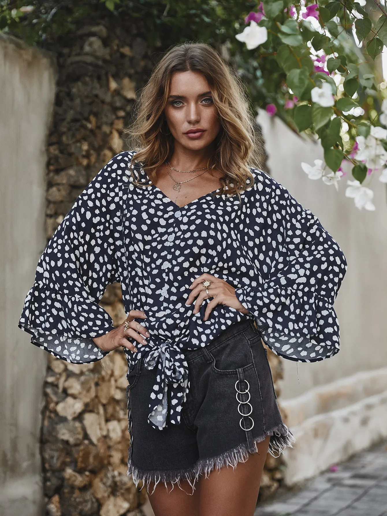V-neck Printed Floral Tops Lotus Sleeve Polka Dot T-shirt