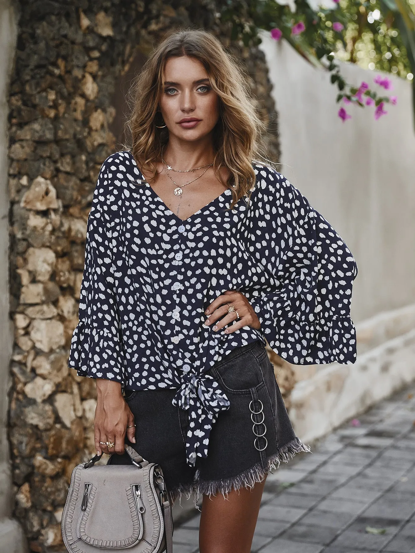 V-neck Printed Floral Tops Lotus Sleeve Polka Dot T-shirt