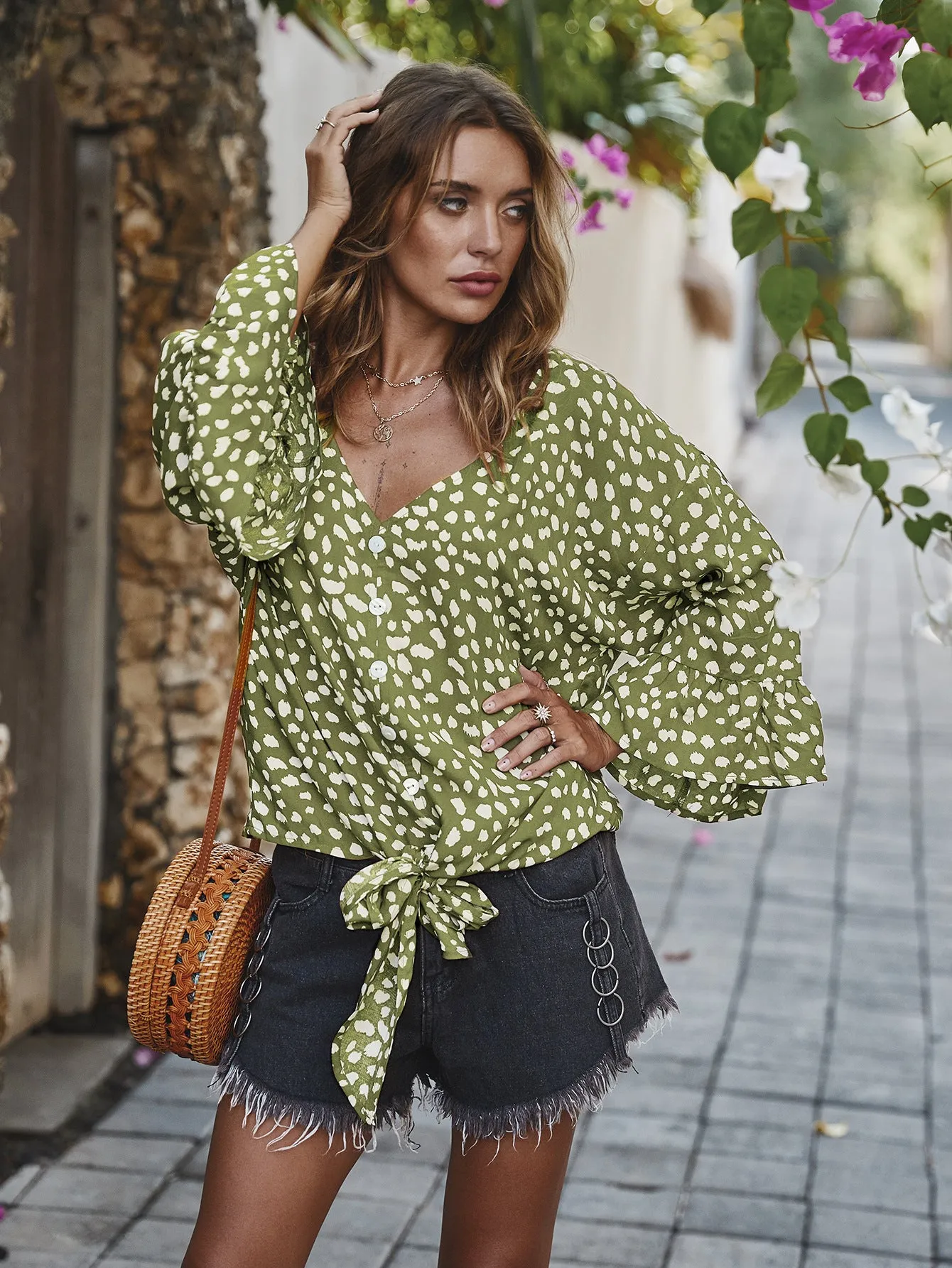 V-neck Printed Floral Tops Lotus Sleeve Polka Dot T-shirt