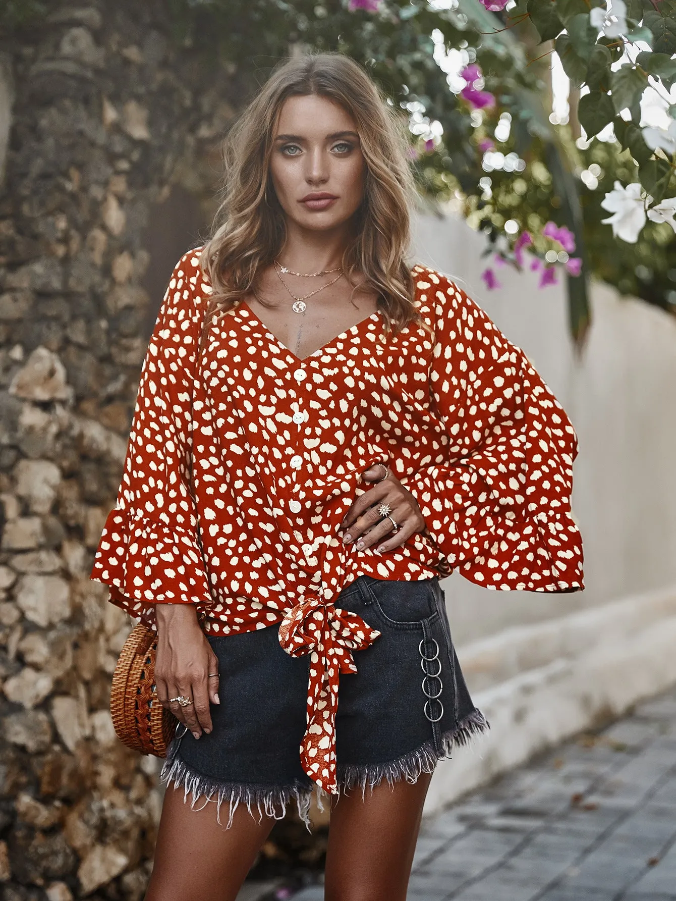 V-neck Printed Floral Tops Lotus Sleeve Polka Dot T-shirt
