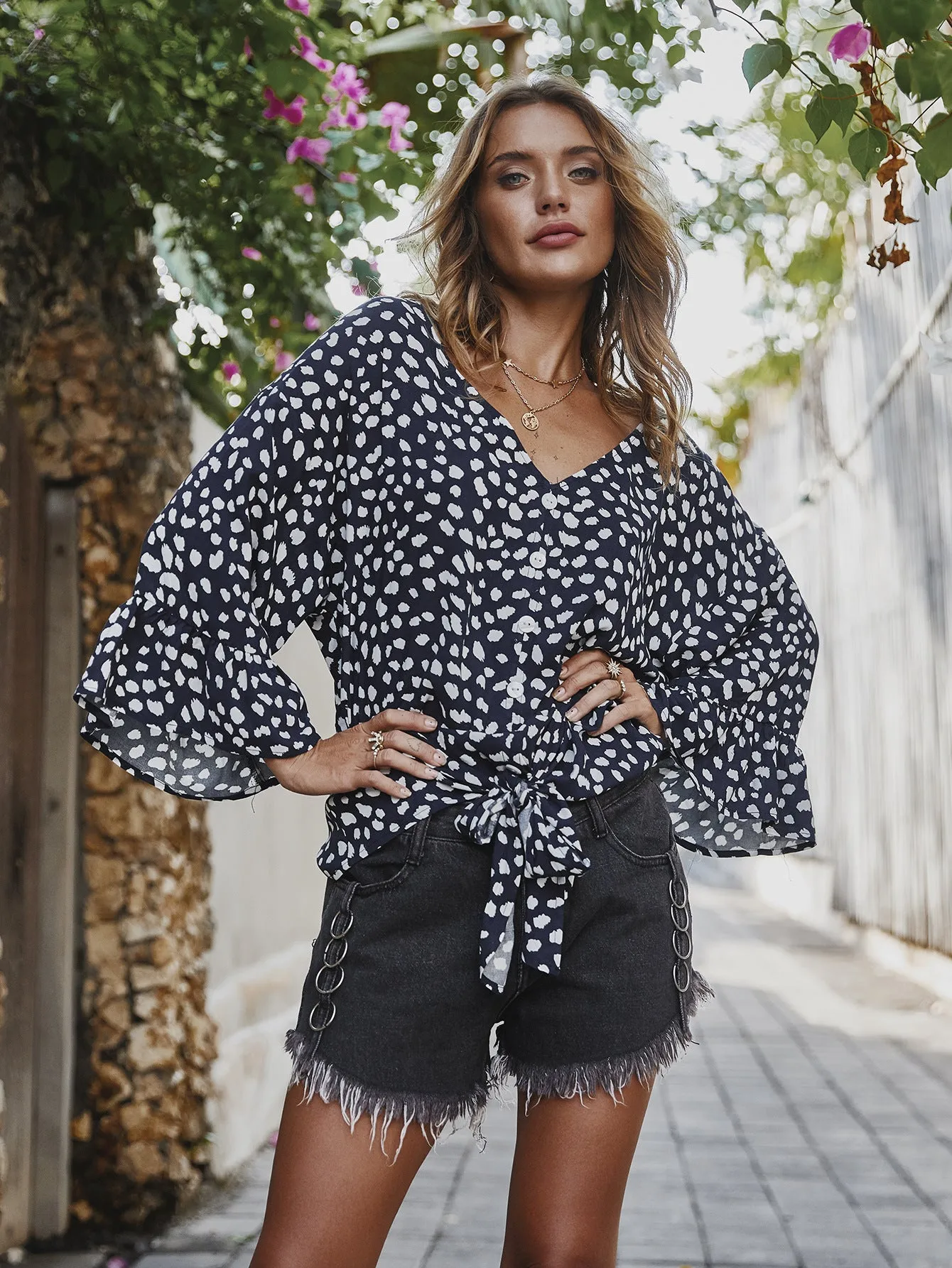 V-neck Printed Floral Tops Lotus Sleeve Polka Dot T-shirt