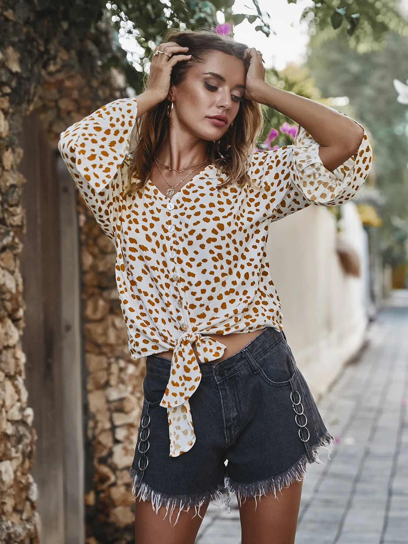 V-neck Printed Floral Tops Lotus Sleeve Polka Dot T-shirt