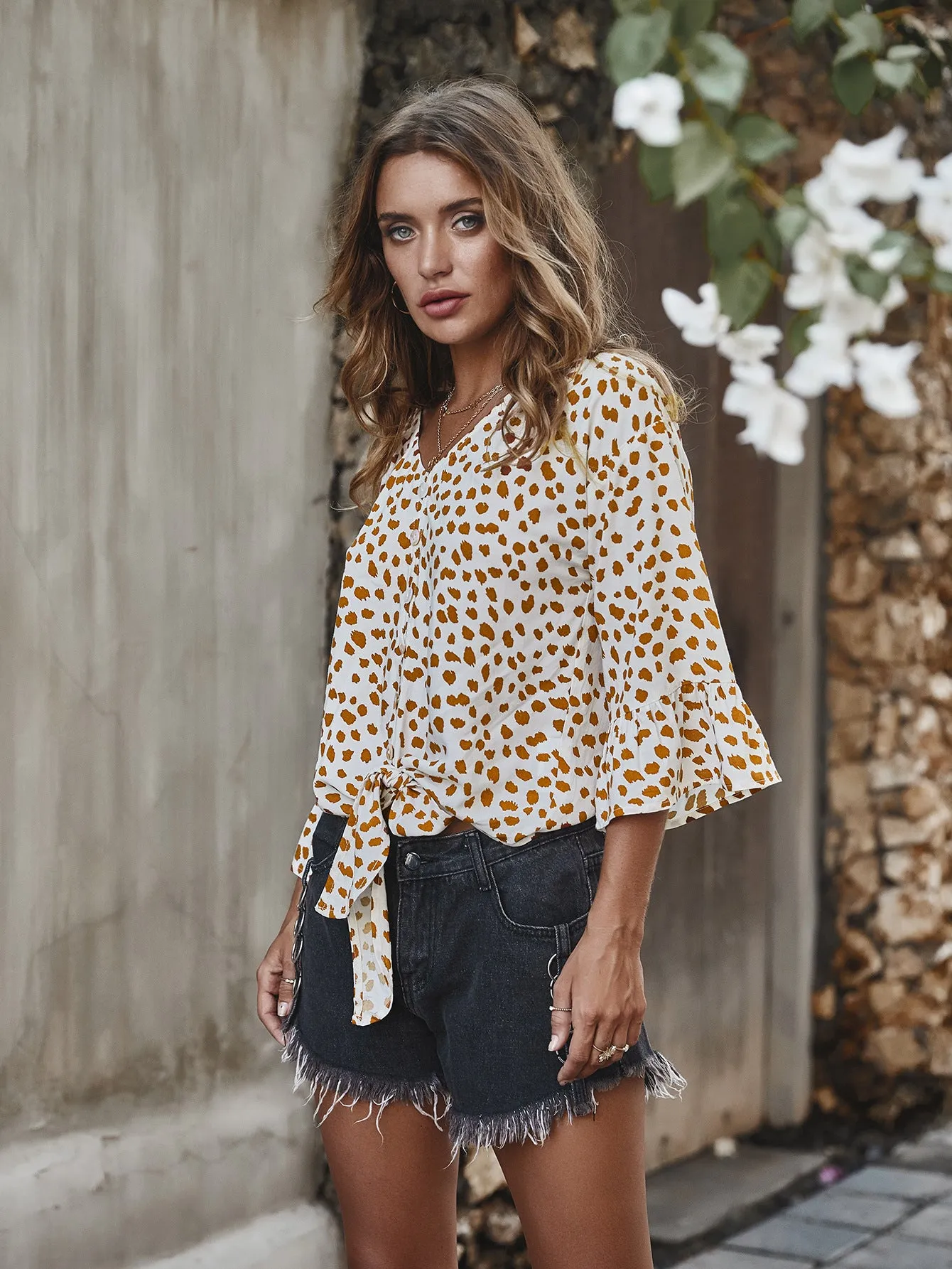 V-neck Printed Floral Tops Lotus Sleeve Polka Dot T-shirt