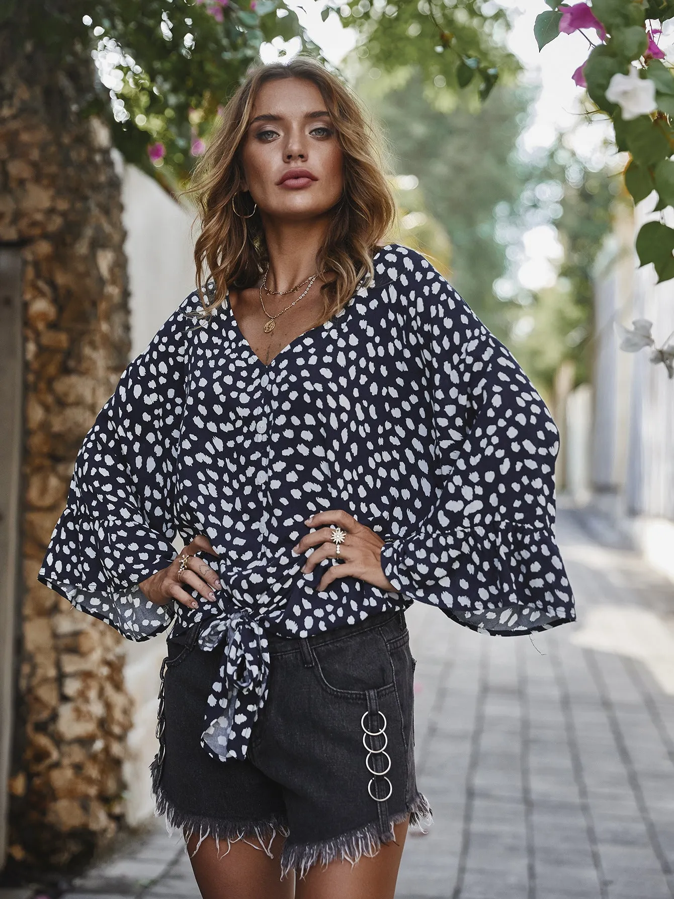 V-neck Printed Floral Tops Lotus Sleeve Polka Dot T-shirt