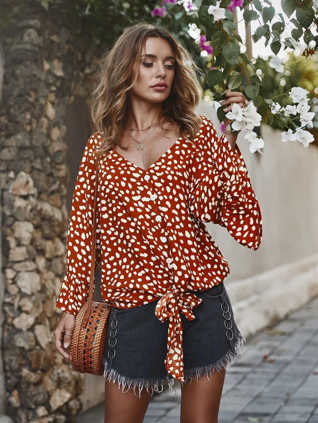 V-neck Printed Floral Tops Lotus Sleeve Polka Dot T-shirt