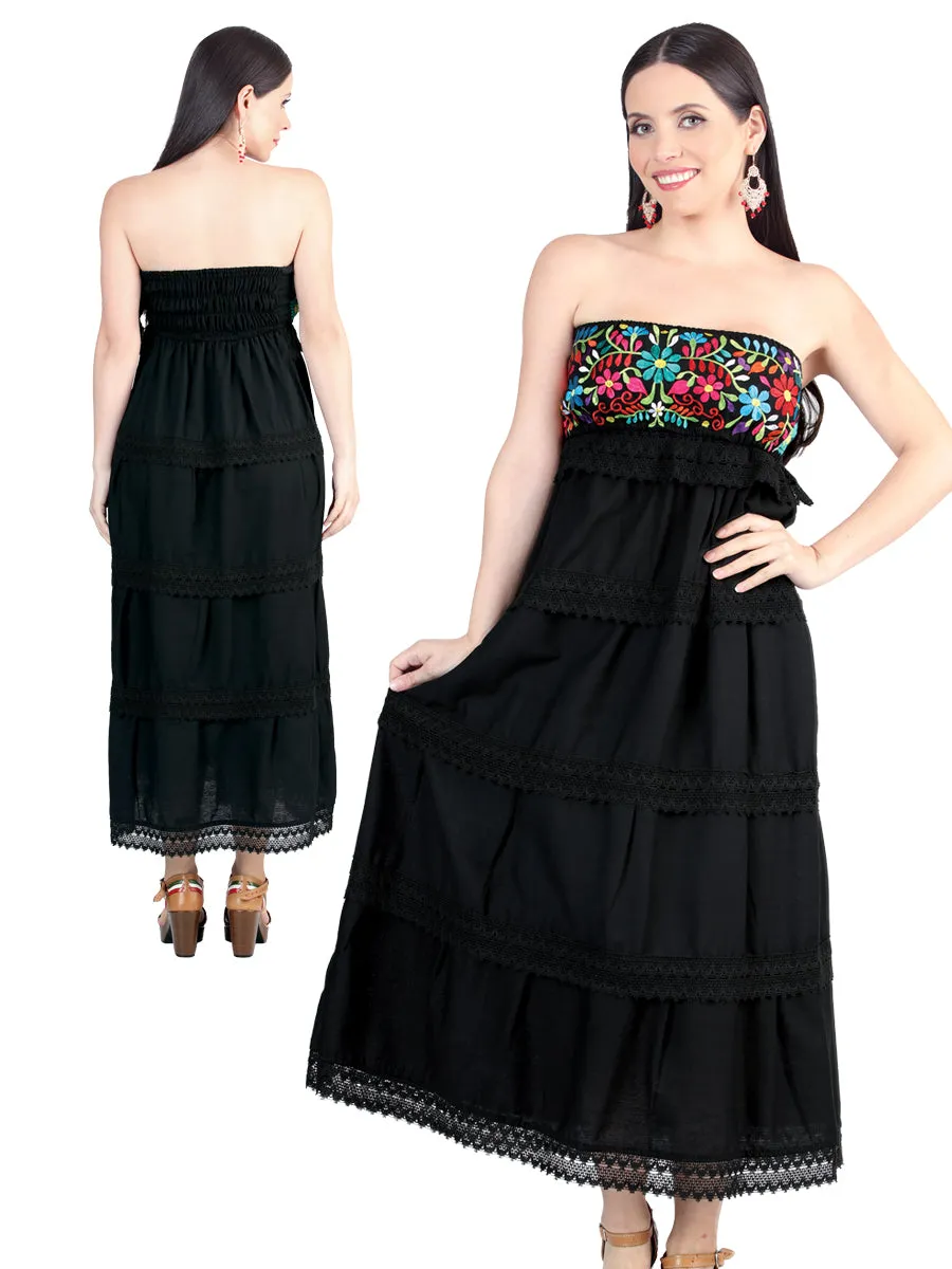 Vestido Artesanal Strapless Bordado de Flores para Mujer
