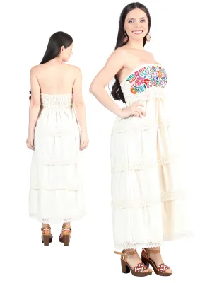 Vestido Artesanal Strapless Bordado de Flores para Mujer
