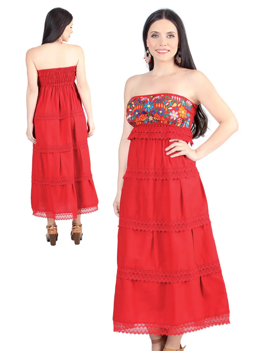 Vestido Artesanal Strapless Bordado de Flores para Mujer