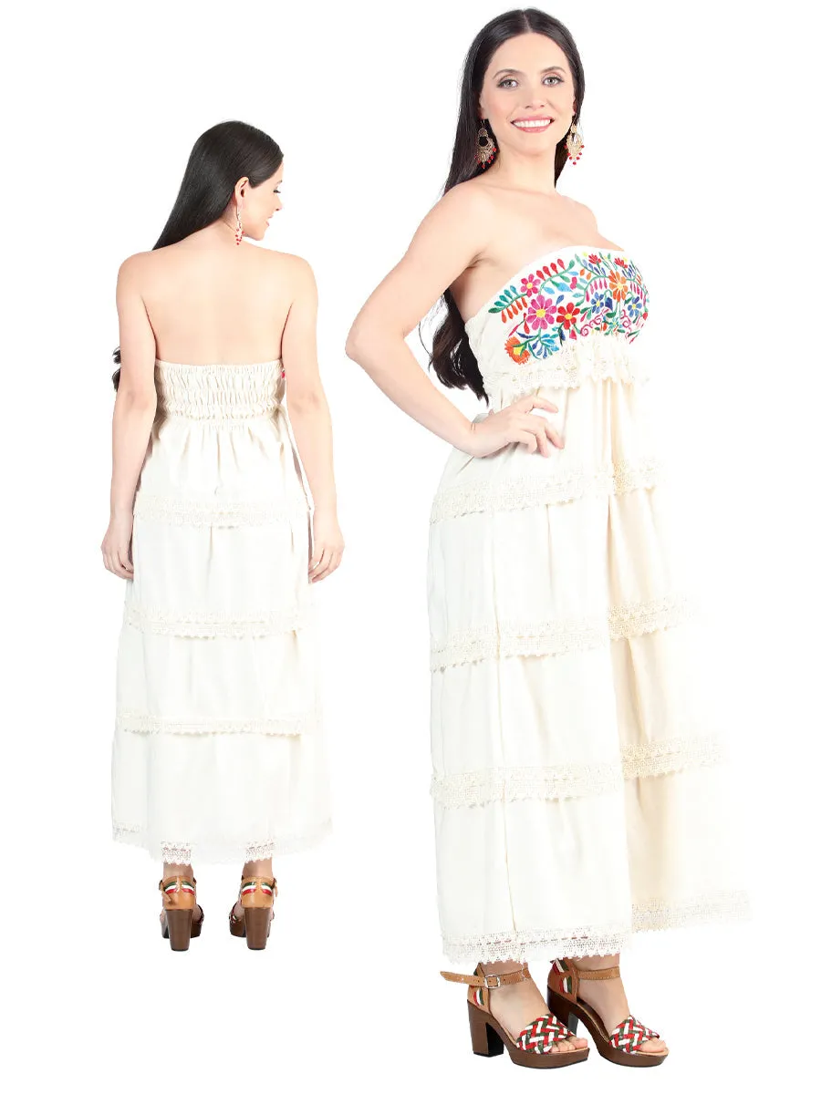 Vestido Artesanal Strapless Bordado de Flores para Mujer