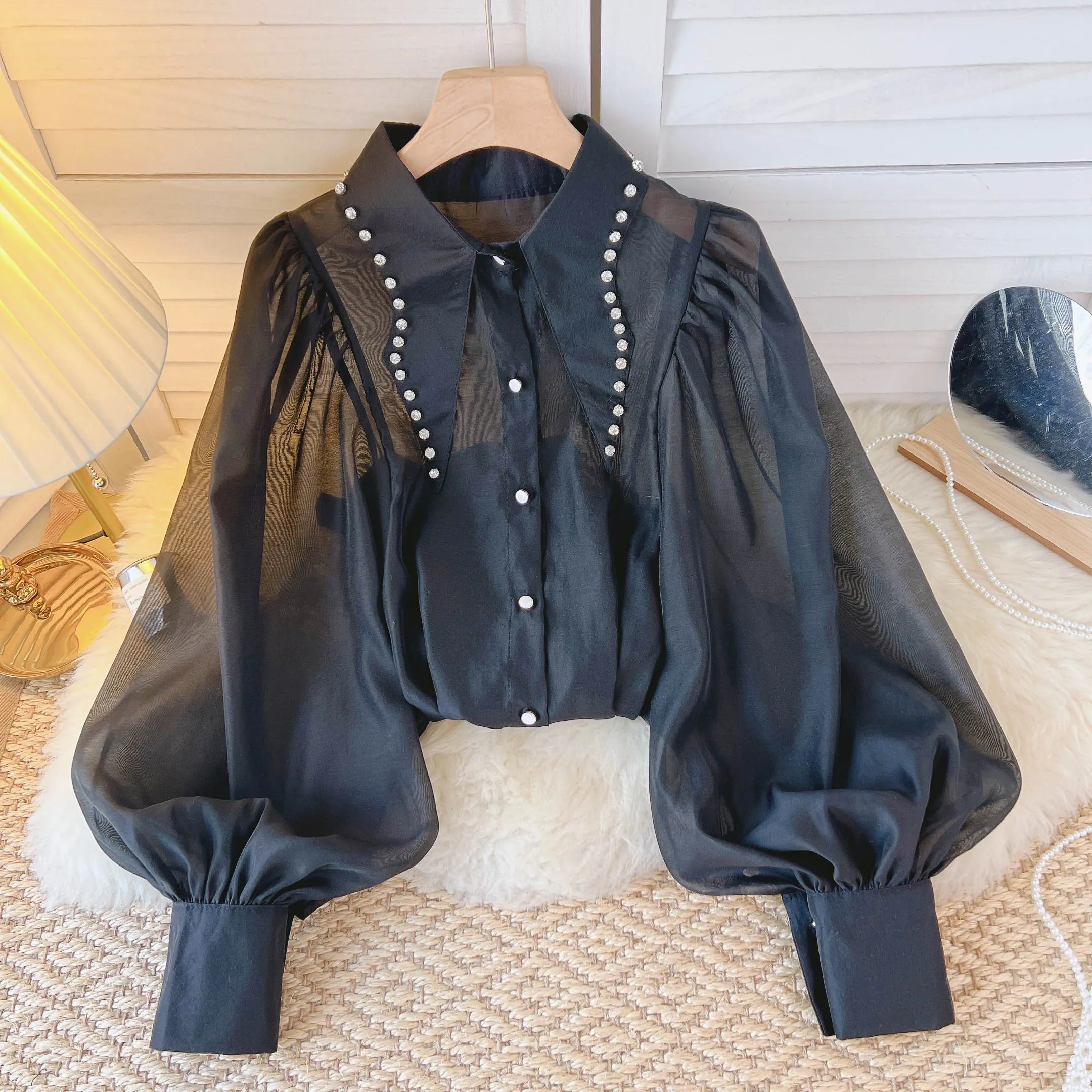 Vintage Long Sleeve Crop Top Blouse