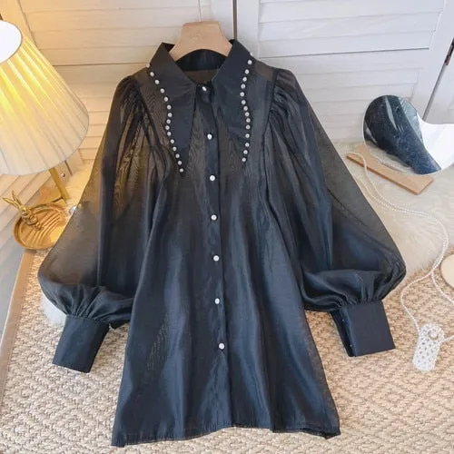 Vintage Long Sleeve Crop Top Blouse