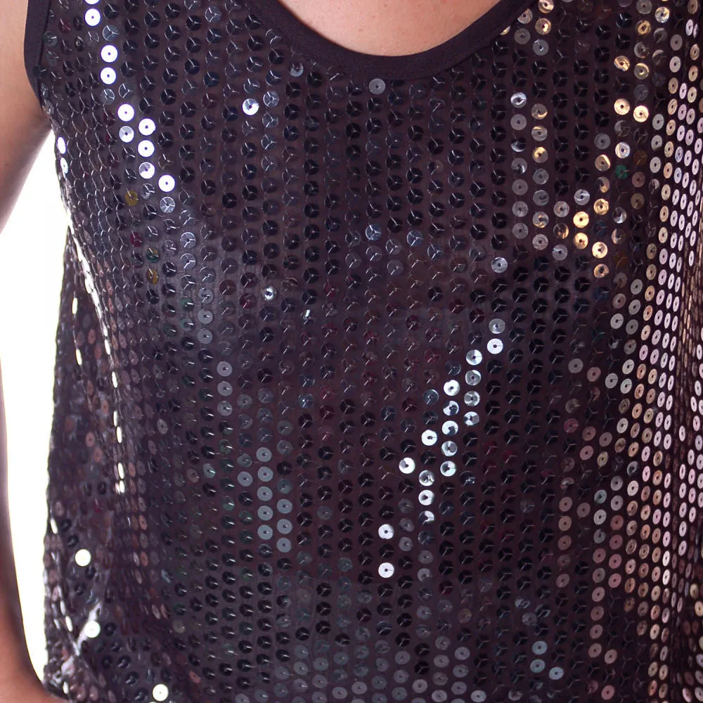 Vintage Sweater Black Silk Sequined Shell Top 1980S Medium