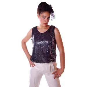Vintage Sweater Black Silk Sequined Shell Top 1980S Medium