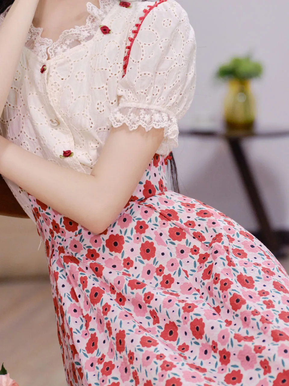 White Cotton Embroidered Shirt and Rose Print Suspender Dress