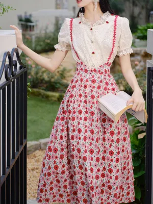 White Cotton Embroidered Shirt and Rose Print Suspender Dress