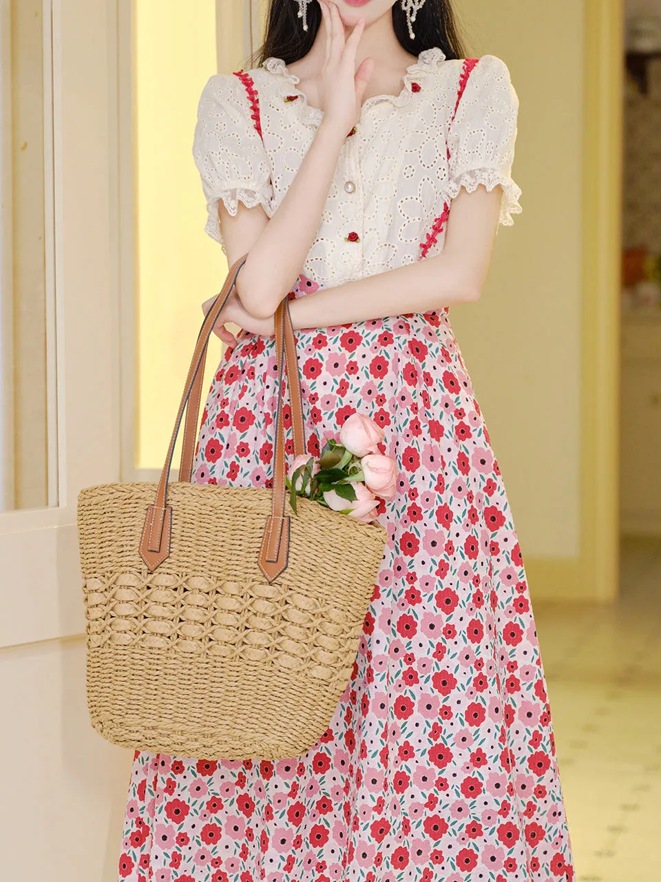White Cotton Embroidered Shirt and Rose Print Suspender Dress