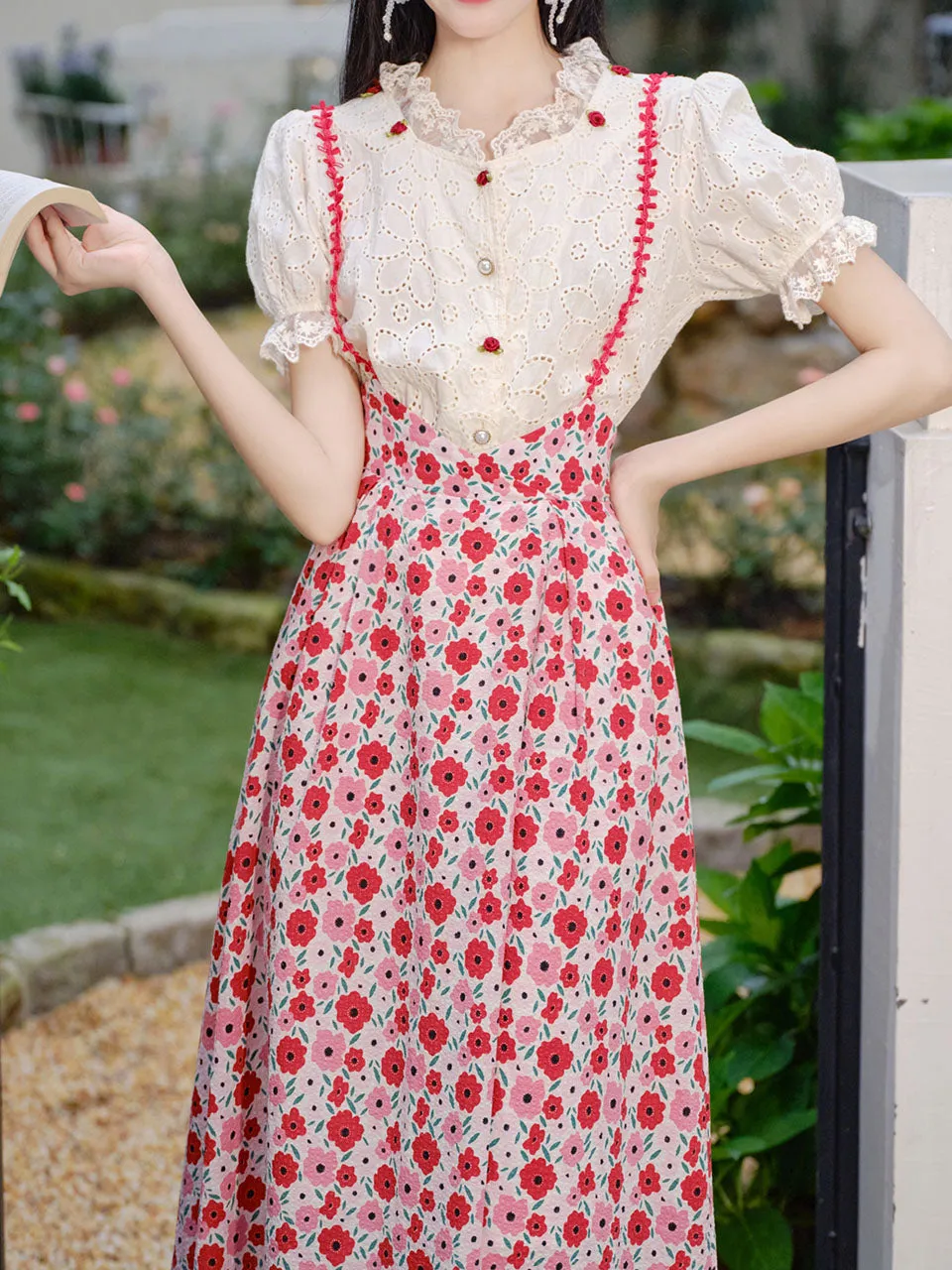 White Cotton Embroidered Shirt and Rose Print Suspender Dress