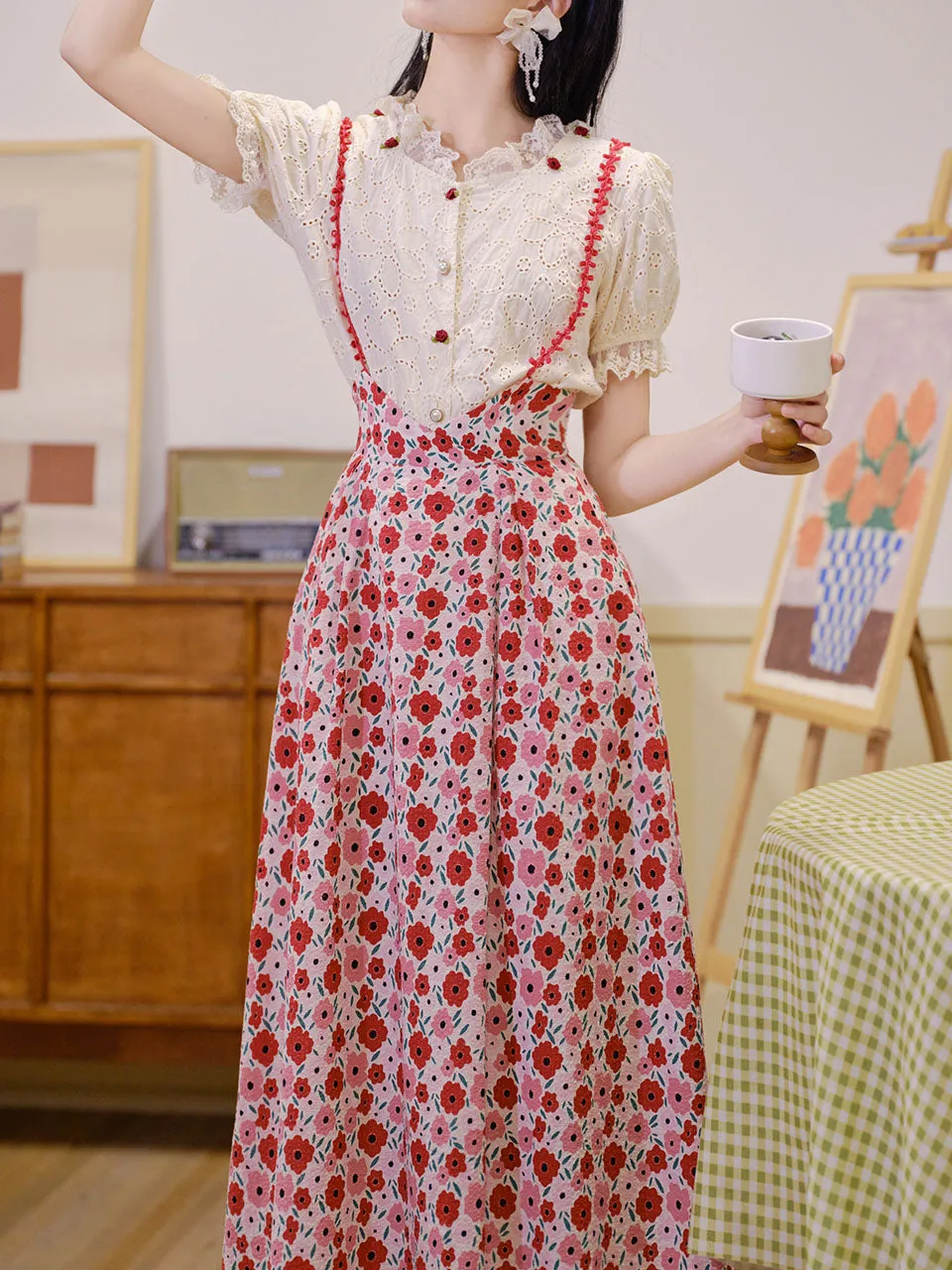 White Cotton Embroidered Shirt and Rose Print Suspender Dress