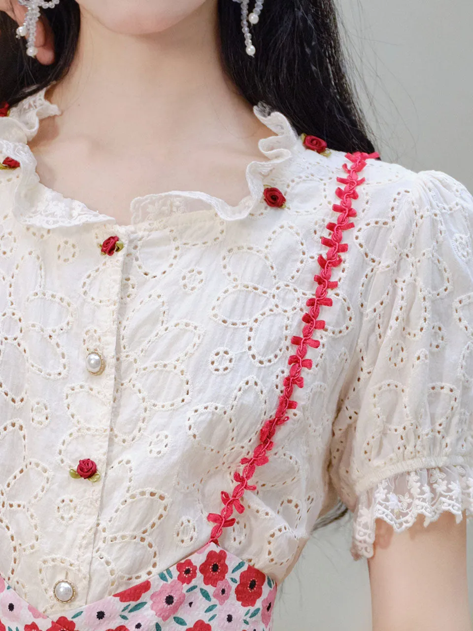 White Cotton Embroidered Shirt and Rose Print Suspender Dress