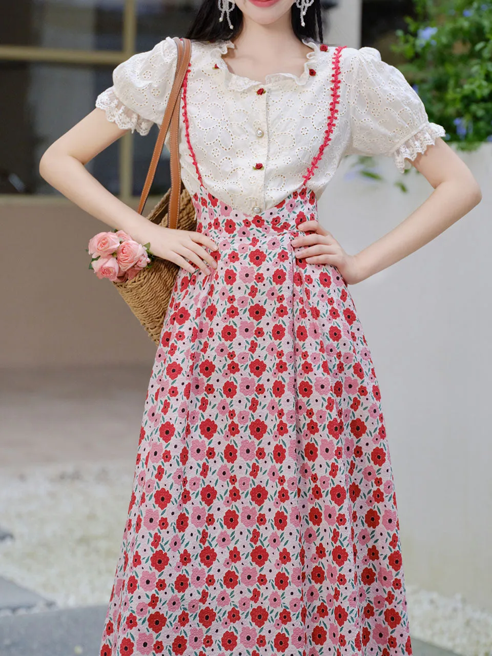 White Cotton Embroidered Shirt and Rose Print Suspender Dress