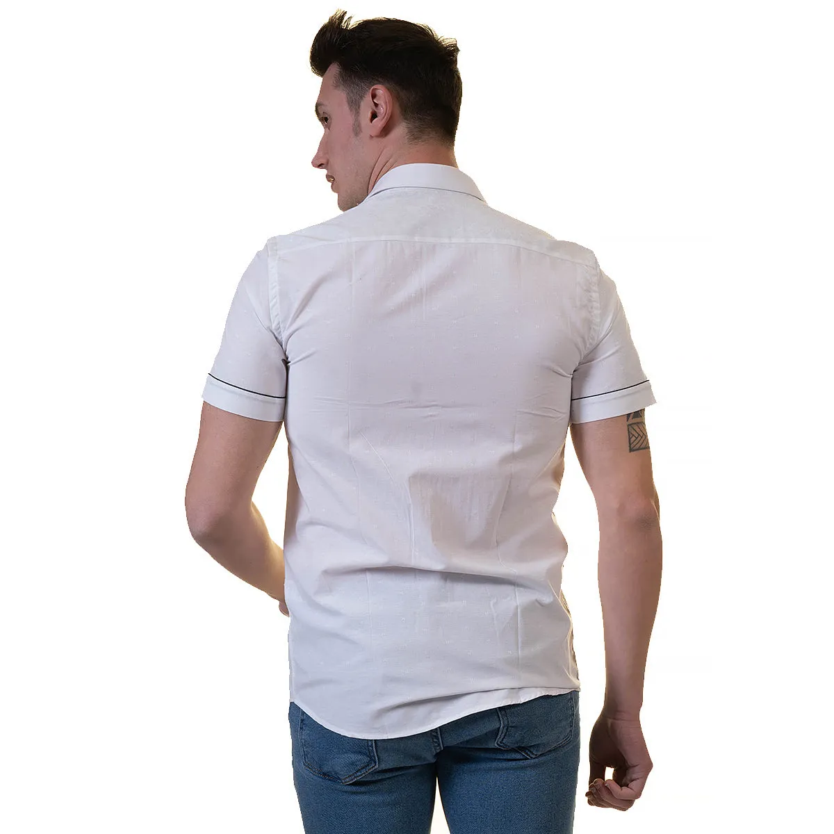 White Mens Short Sleeve Button up Shirts - Tailored Slim Fit Cotton Dress Shirts