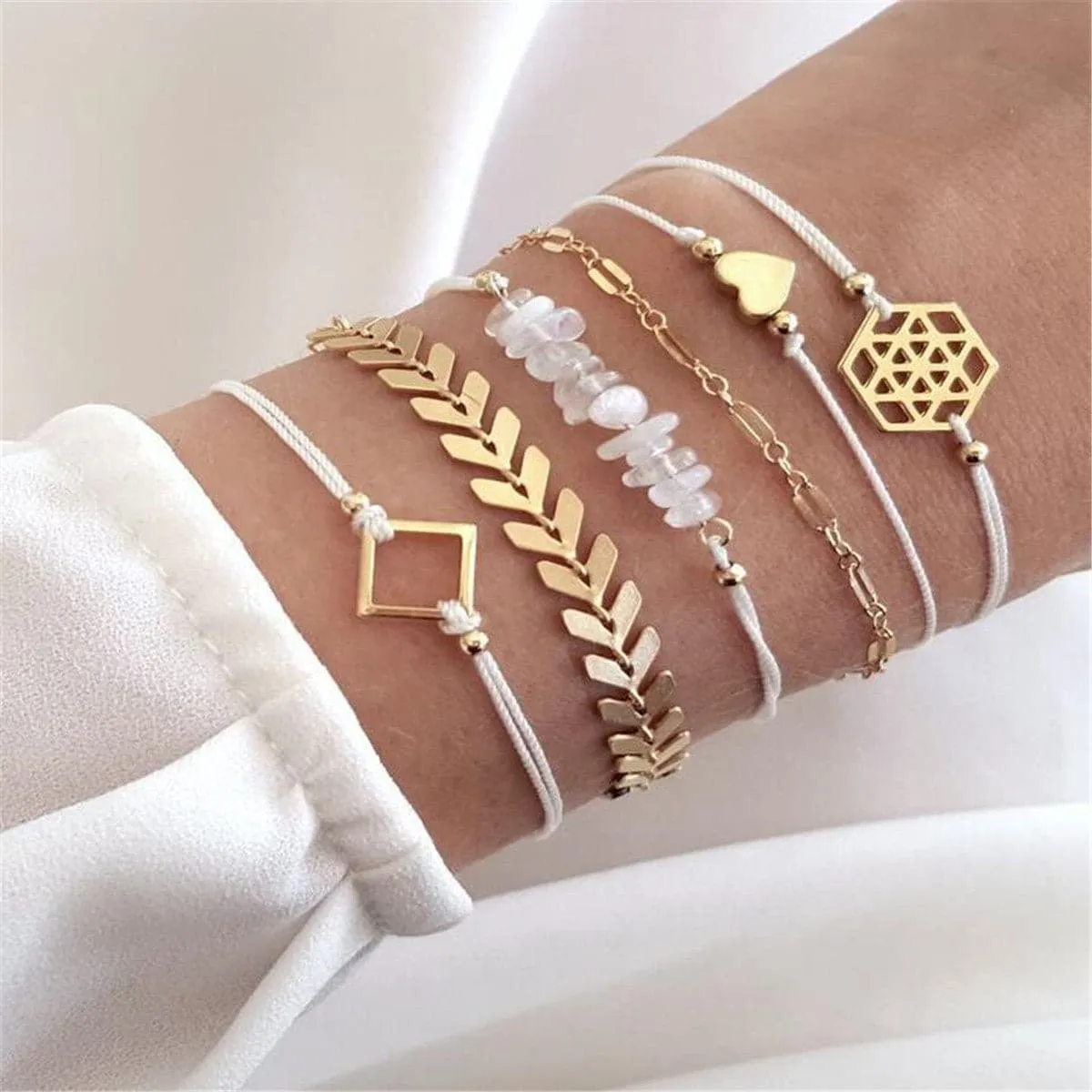White Resin & 18K Gold-Plated Geometric Charm Bracelet Set