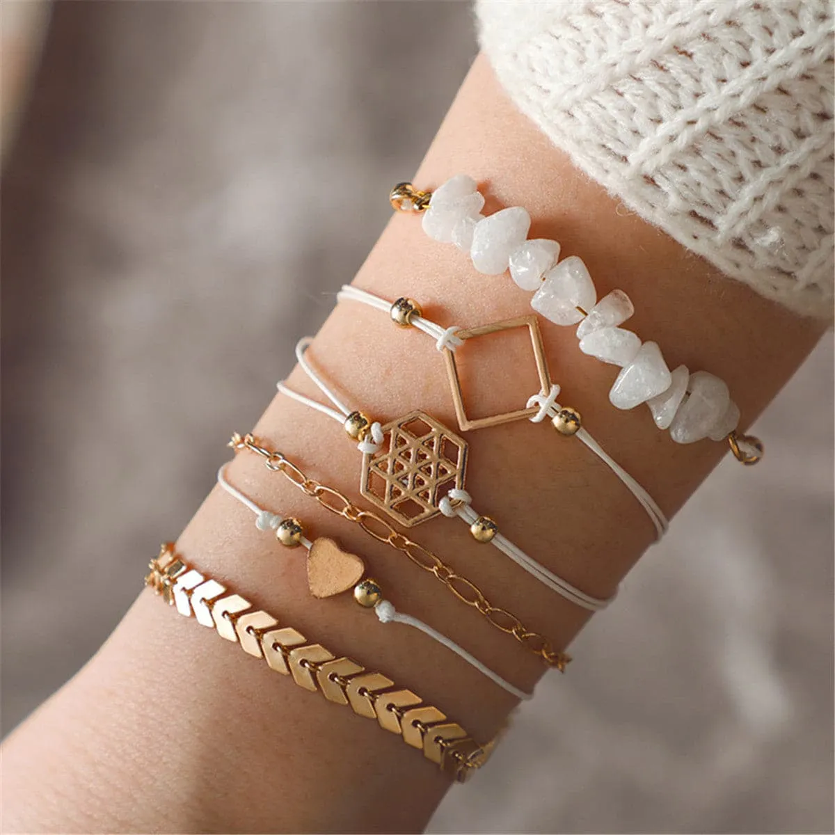 White Resin & 18K Gold-Plated Geometric Charm Bracelet Set