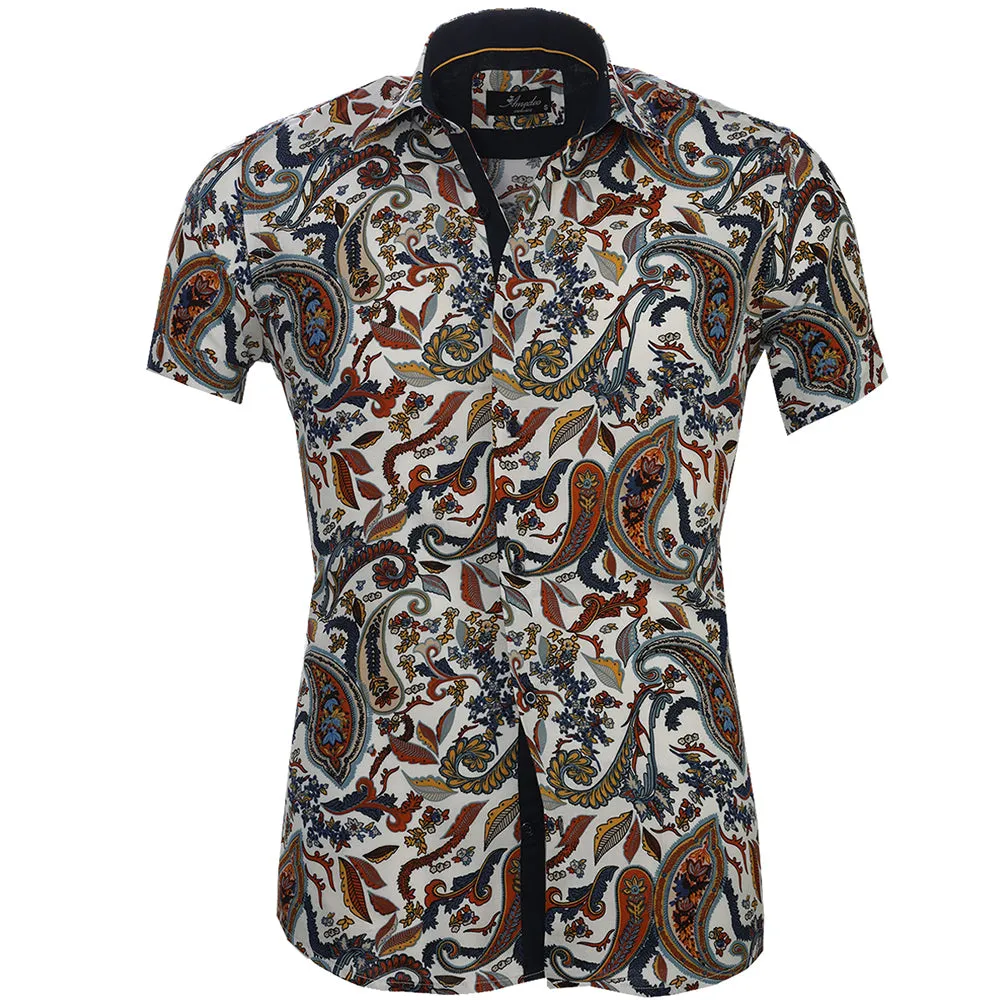 White with Colorful Floral Mens Short Sleeve Button up Shirts - Tailored Slim Fit Cotton Dress