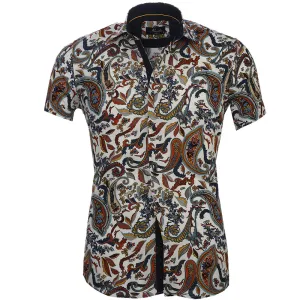 White with Colorful Floral Mens Short Sleeve Button up Shirts - Tailored Slim Fit Cotton Dress