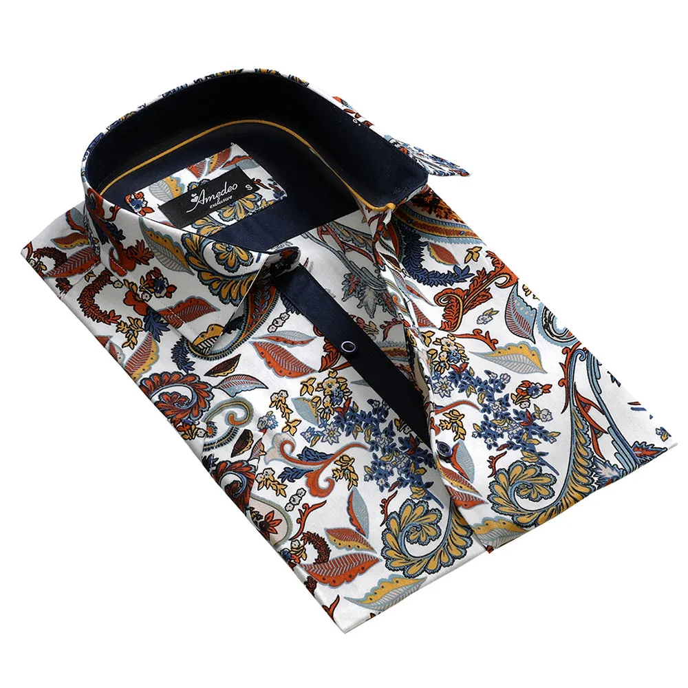 White with Colorful Floral Mens Short Sleeve Button up Shirts - Tailored Slim Fit Cotton Dress
