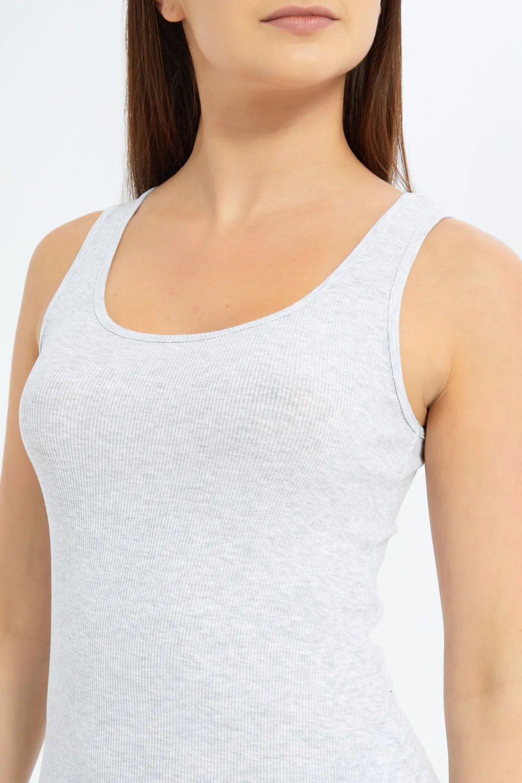 Women Grey Melange Plain Rib Vest