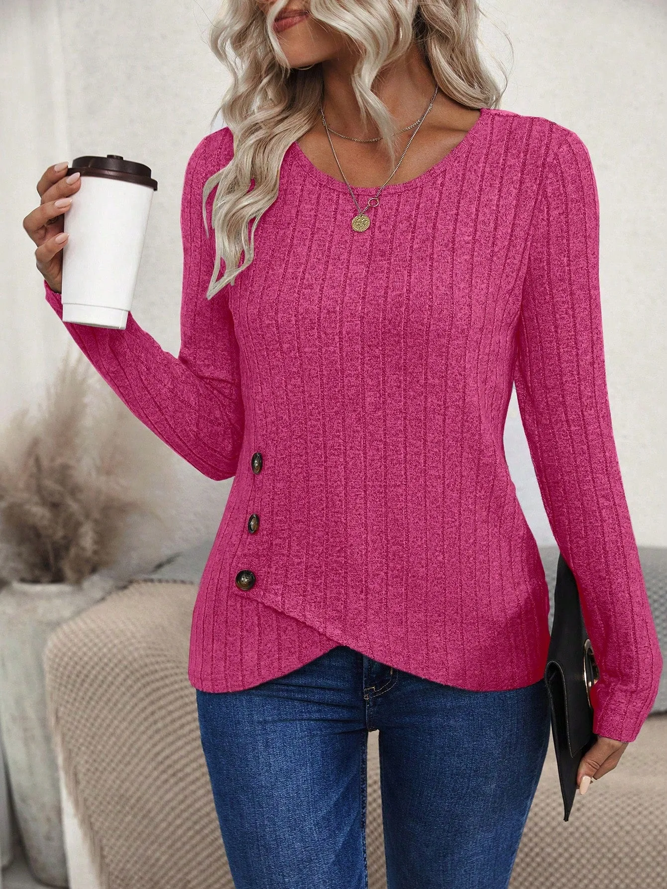 Women's Asymmetric Hem Slit Ribbed Long Sleeve T-Shirt
