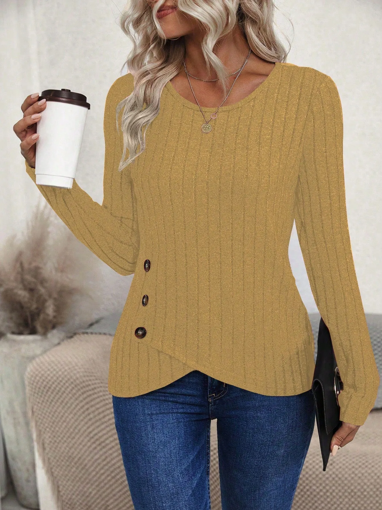 Women's Asymmetric Hem Slit Ribbed Long Sleeve T-Shirt