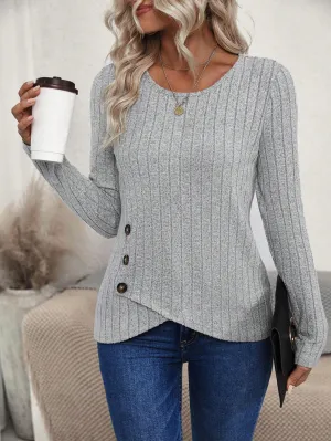 Women's Asymmetric Hem Slit Ribbed Long Sleeve T-Shirt