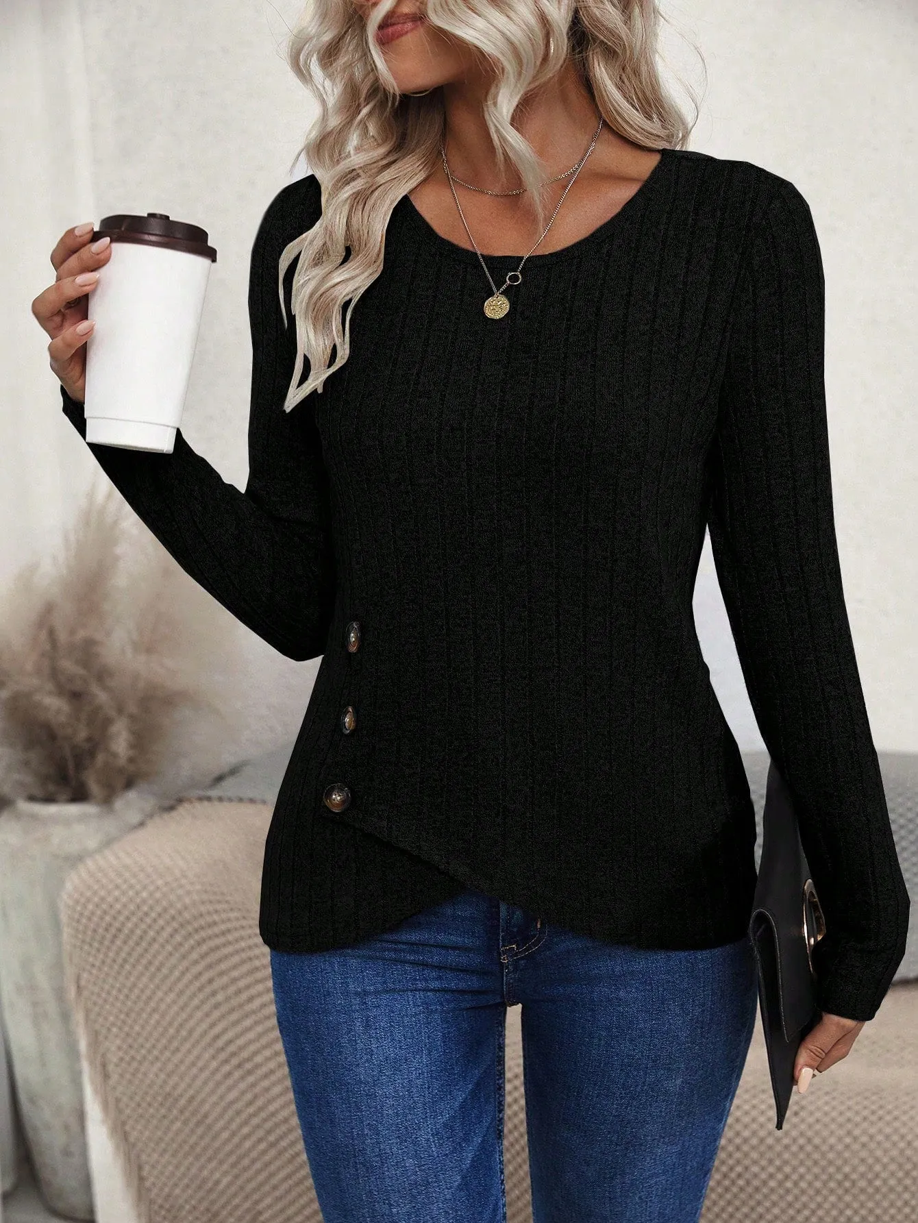 Women's Asymmetric Hem Slit Ribbed Long Sleeve T-Shirt