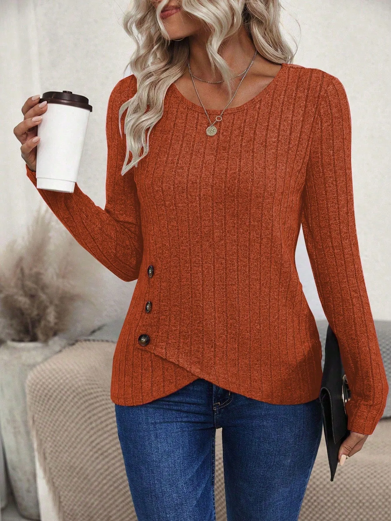 Women's Asymmetric Hem Slit Ribbed Long Sleeve T-Shirt
