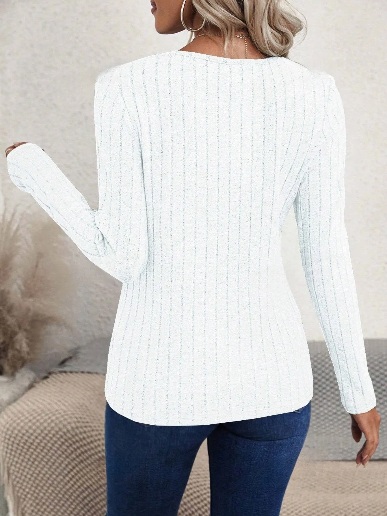 Women's Asymmetric Hem Slit Ribbed Long Sleeve T-Shirt