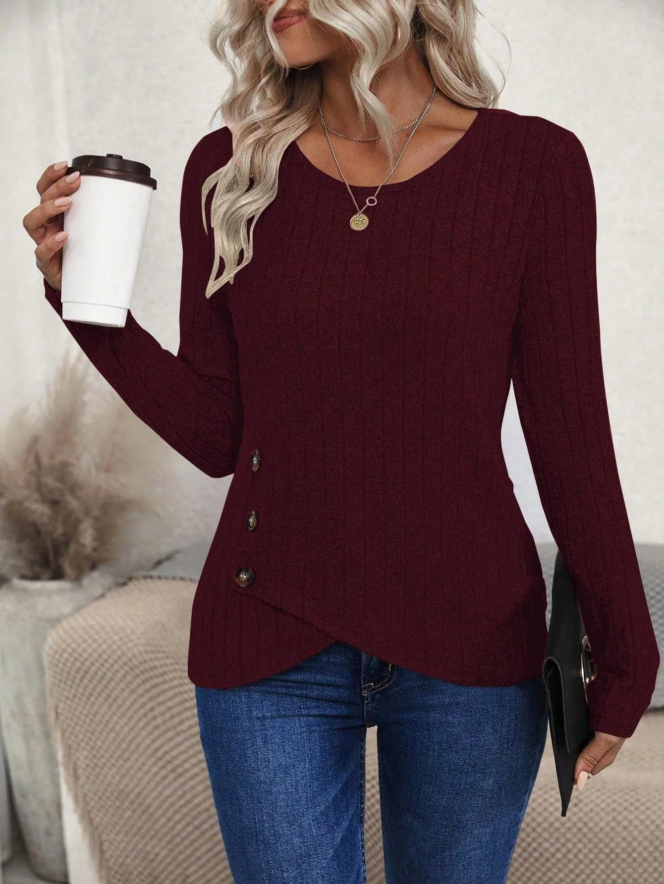 Women's Asymmetric Hem Slit Ribbed Long Sleeve T-Shirt