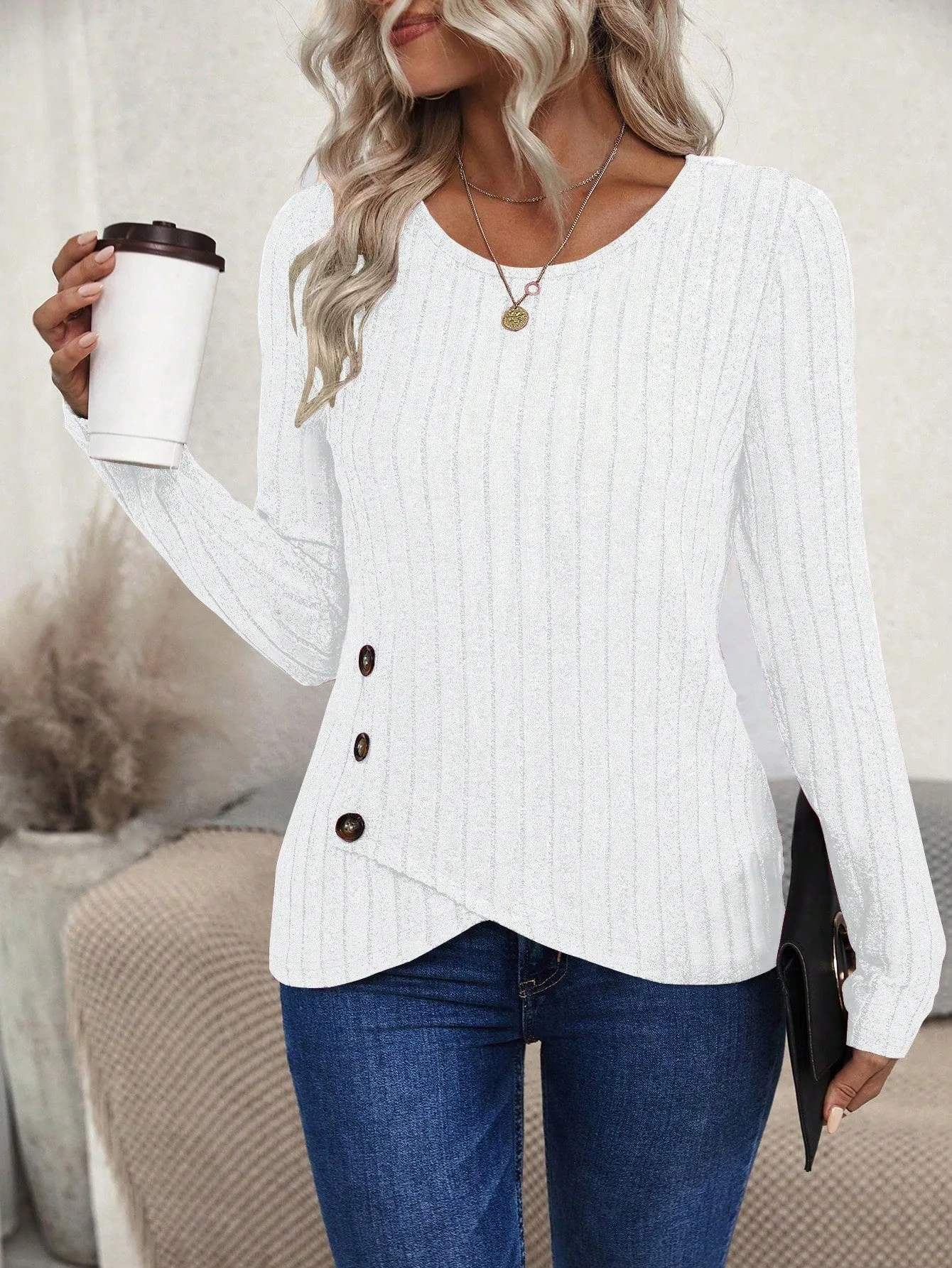 Women's Asymmetric Hem Slit Ribbed Long Sleeve T-Shirt