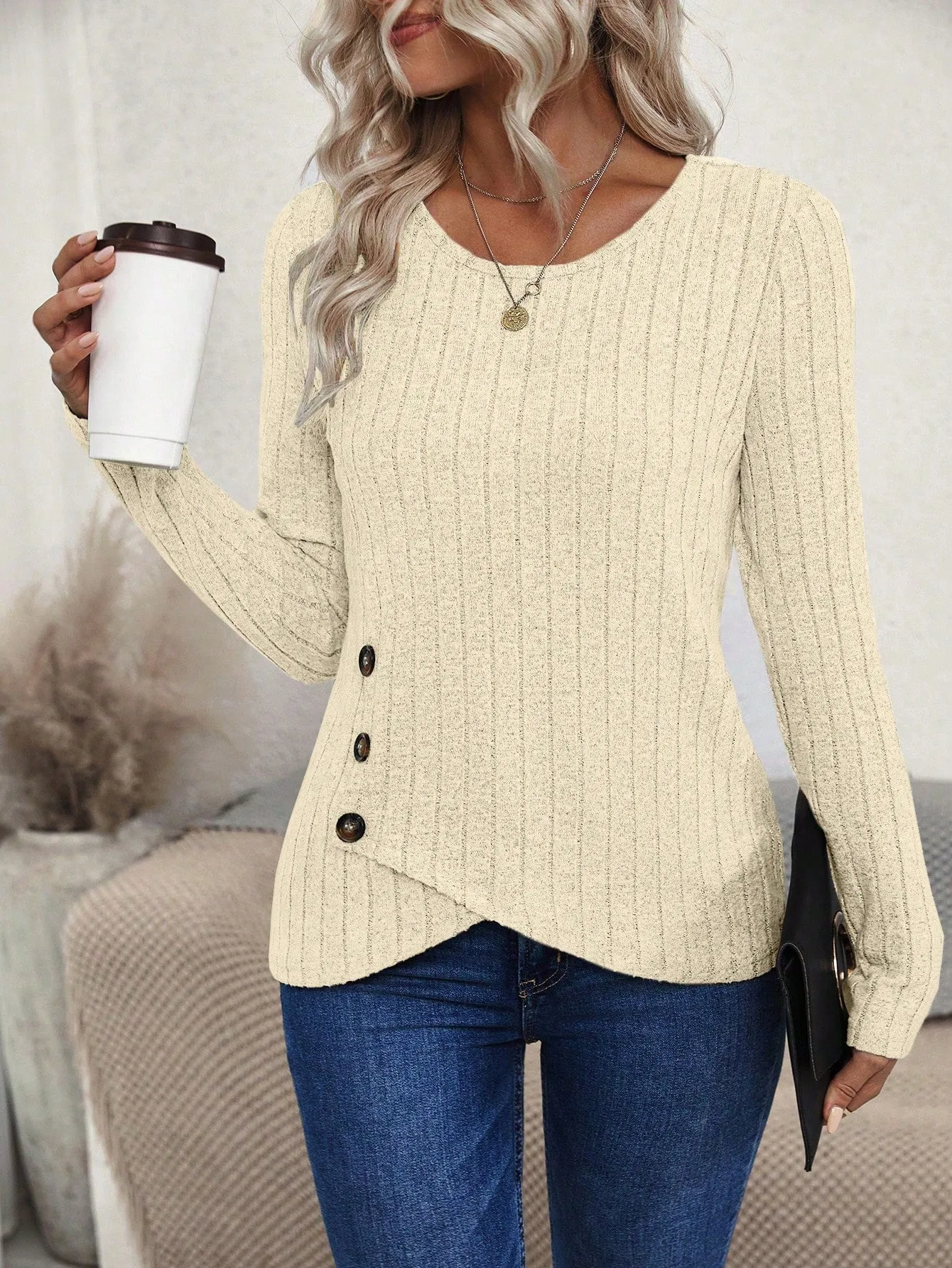 Women's Asymmetric Hem Slit Ribbed Long Sleeve T-Shirt