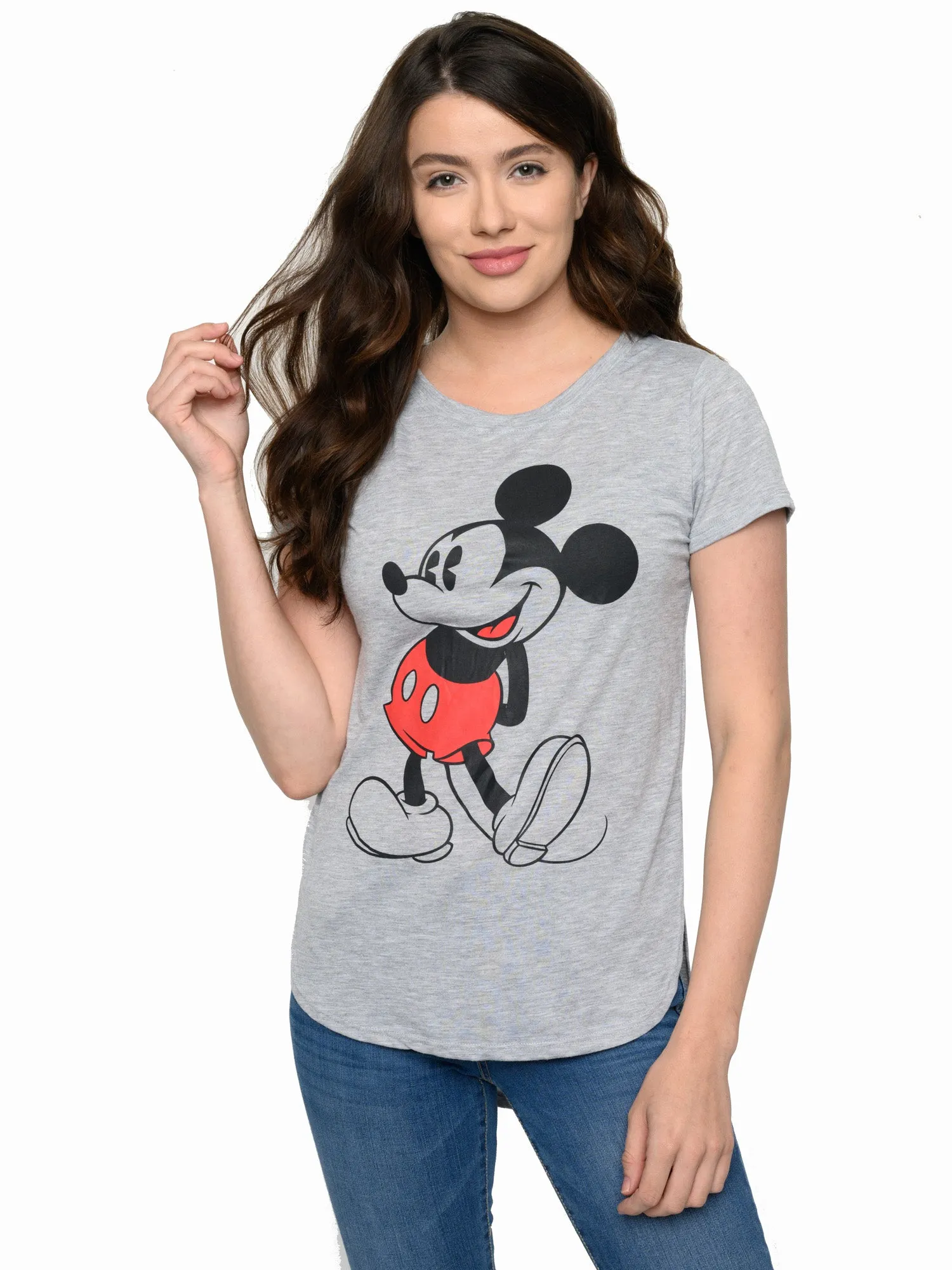Womens Disney Classic Mickey Mouse Hi-Low Hem T-Shirt Heather Gray Junior Sizes