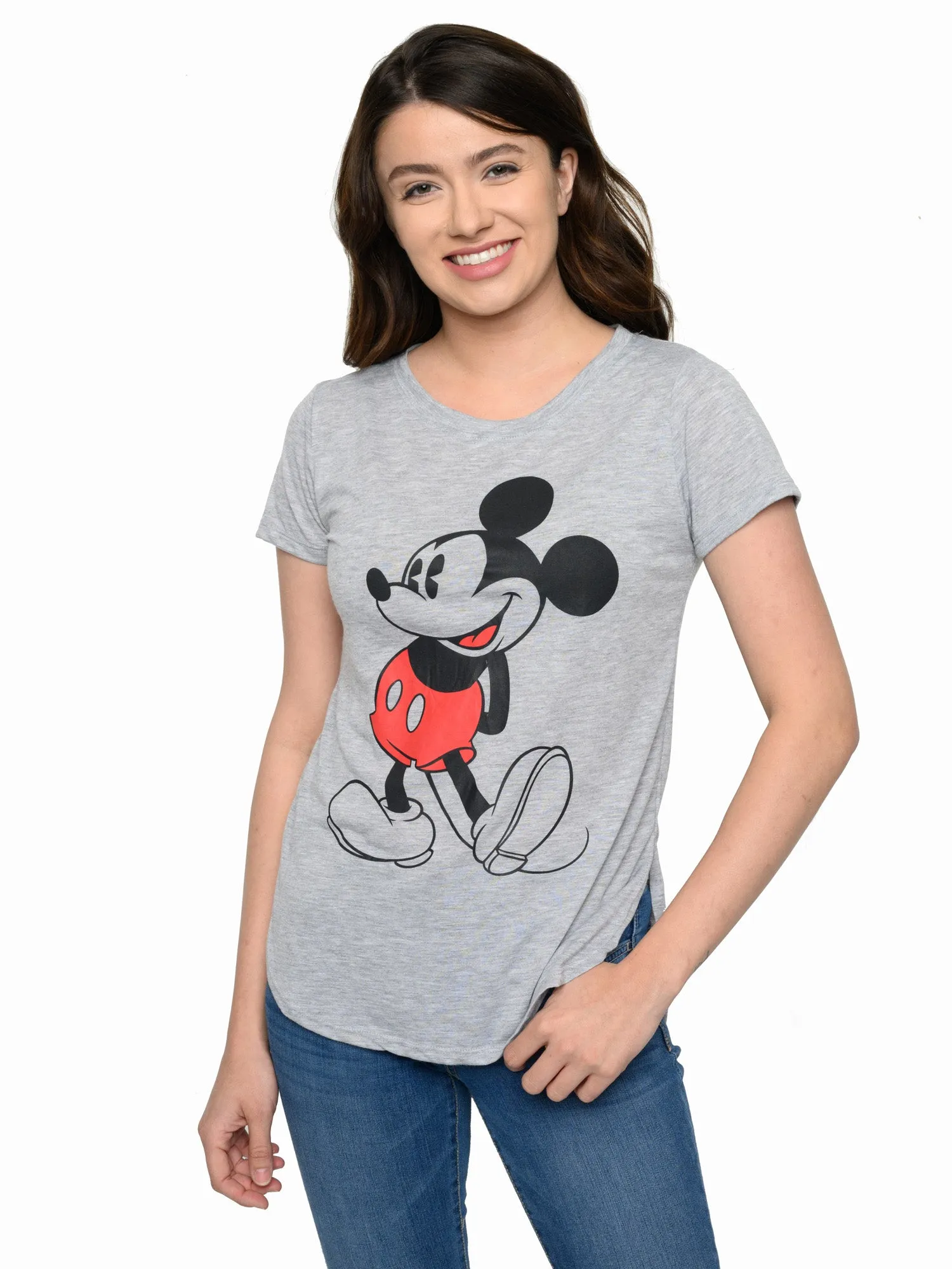 Womens Disney Classic Mickey Mouse Hi-Low Hem T-Shirt Heather Gray Junior Sizes